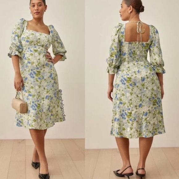 Reformation 4 Enid Dress Amie Midi Square Neck Open Tie Back Blue Green Floral